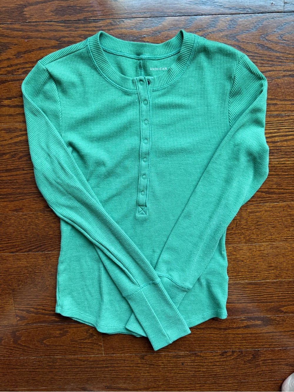 American Eagle Green Ribbed Henley Thermal Top